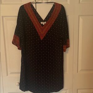 Navy and Rust Blouse with Embriodered V-Neck Trim